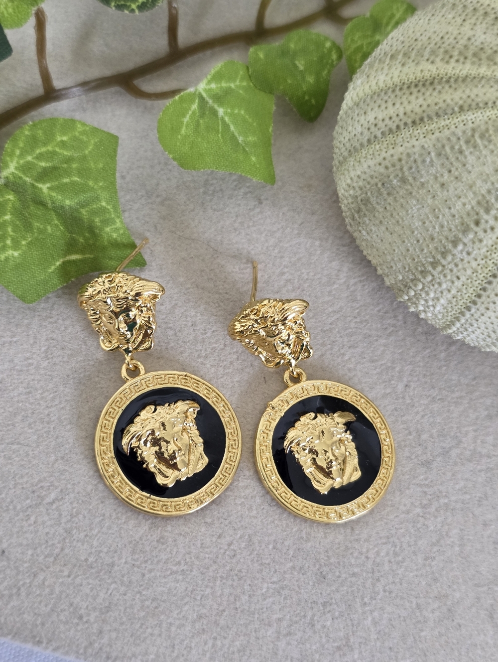 Gold Filled Earrings Greek Key Medusa Head Design